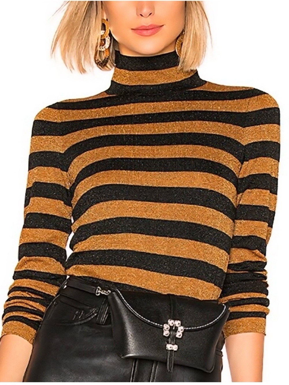 Alice and  Olivia Striped Black/Tan Turtleneck Sweater with Soft Sheen